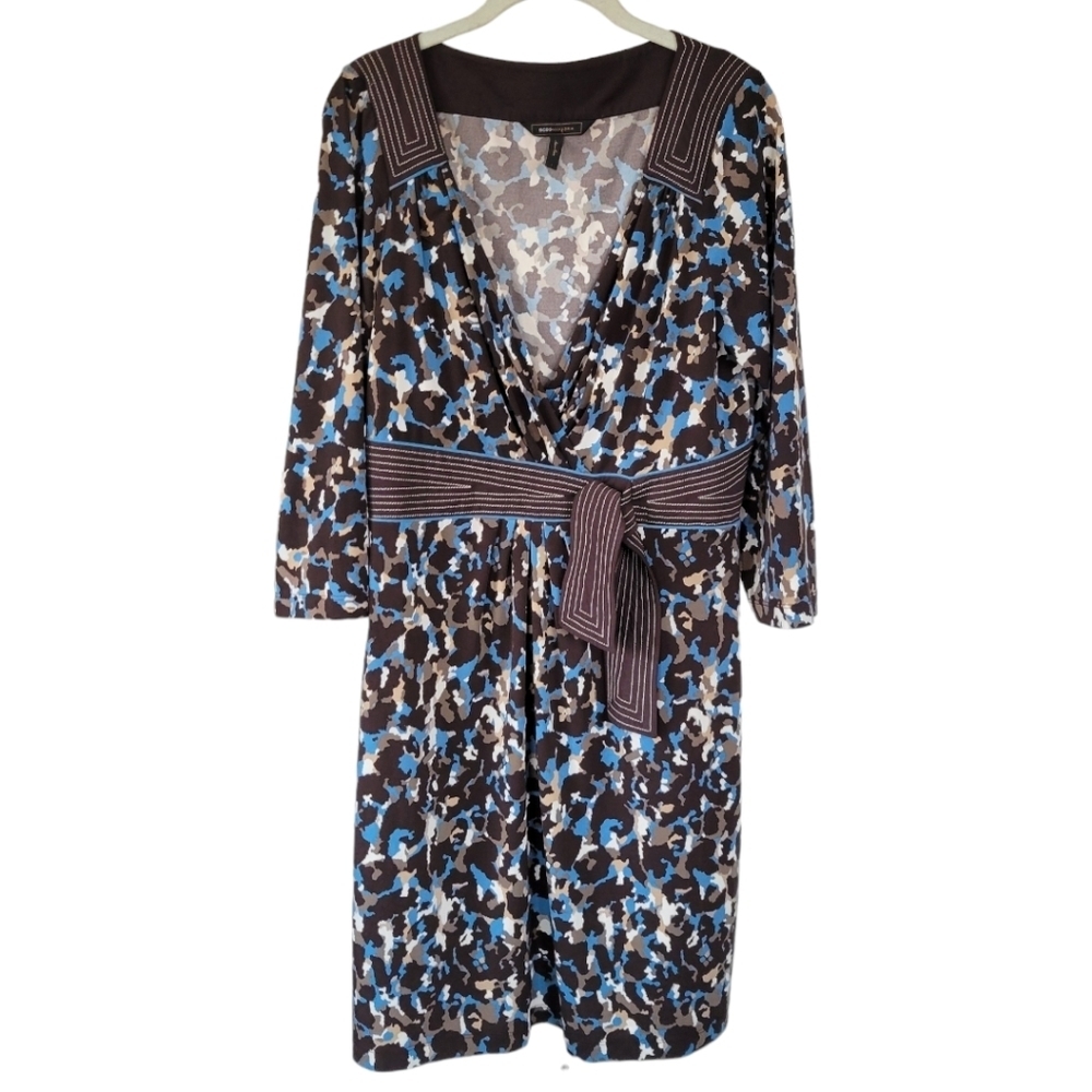 BCBGMaxAzria L Abstract Print Faux Wrap Dress Belted 3/4 Sleeve Y2K Workwear